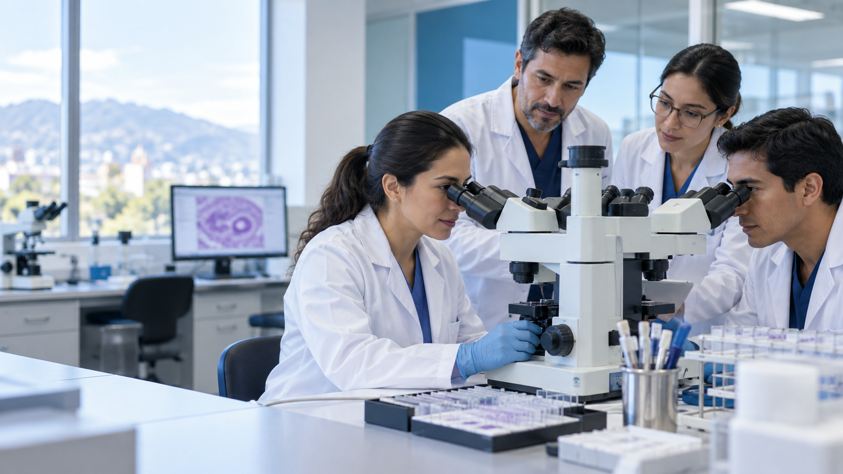 Equipo profesional de anatomía patológica trabajando en laboratorio