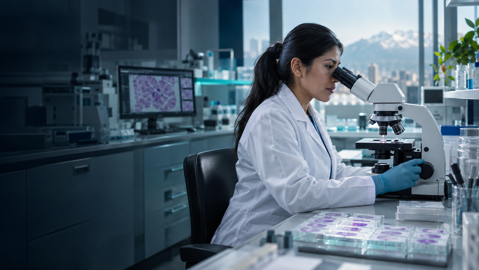 Profesional observando una muestra con microscopio